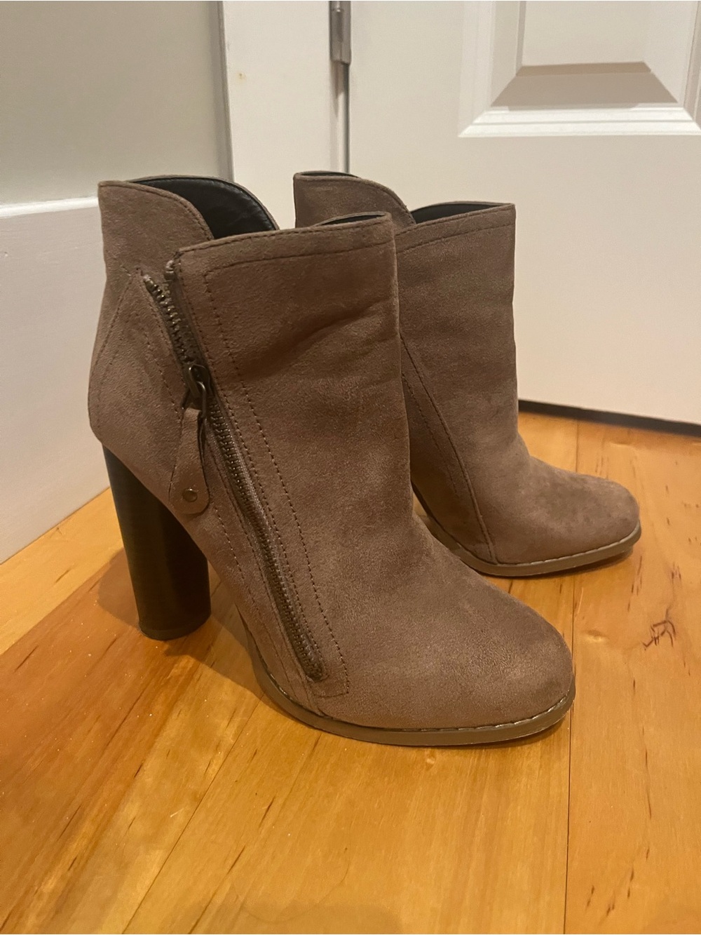 Suede Taupe Ankle Booties with Side Zip - Women